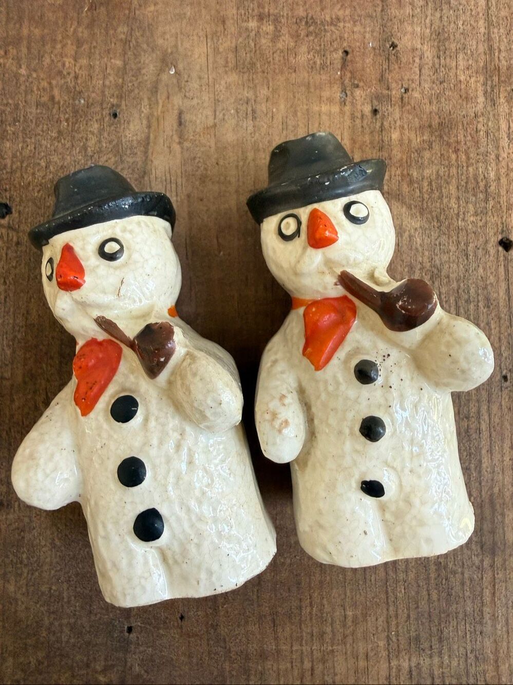 2 Vintage Japan Mustachioed Snowmen Salt Pepper Shaker Pipe Smoking